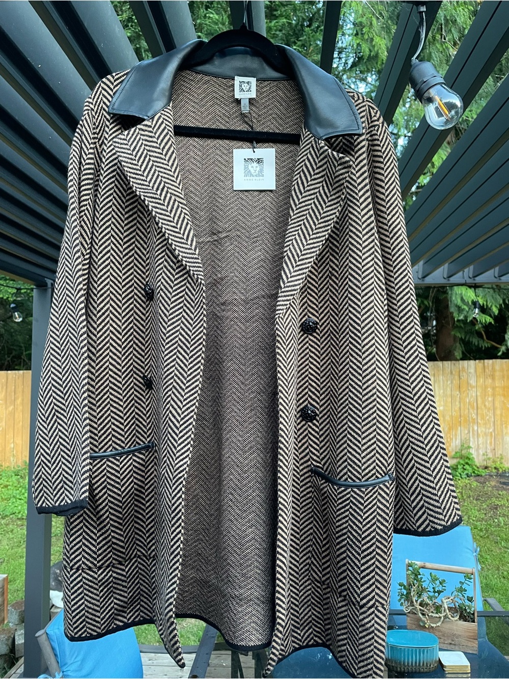 Anne Klein Brown and Black Herringbone Trench Coat with Leather Collar